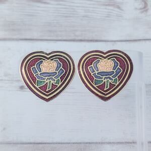 Vintage Clip On Earrings Large Cloisonné Heart with Flower 1" Statement